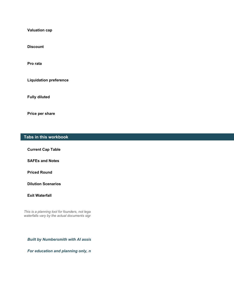 Cap Table and Dilution Calculator (SAFEs, Option Pool, Waterfall) preview 2