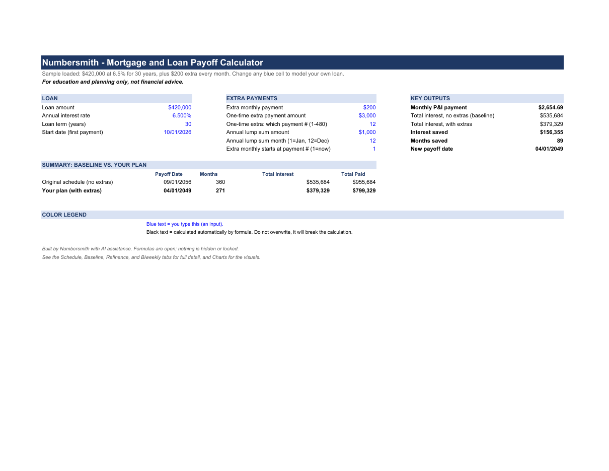 Mortgage and Loan Payoff Calculator (Extra Payments, Refinance, Biweekly) preview 1